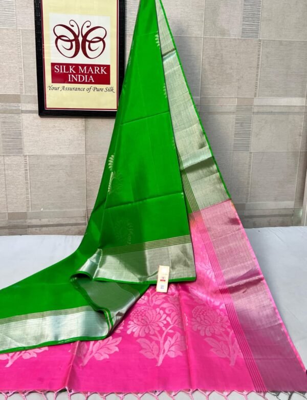 Bright Green & Candy Pink Silk Saree with Elegant Silver Zari Weaving