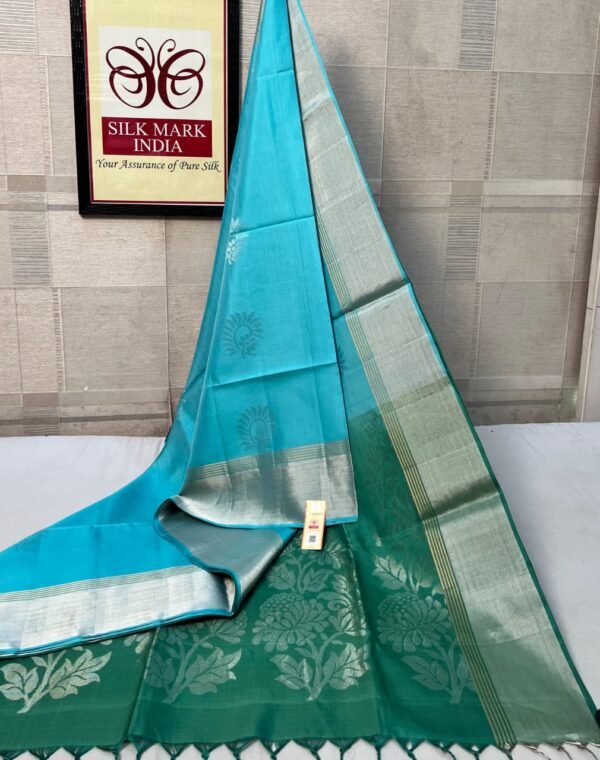 Aqua Blue & Emerald Green Silk Saree with Elegant Silver Zari Border