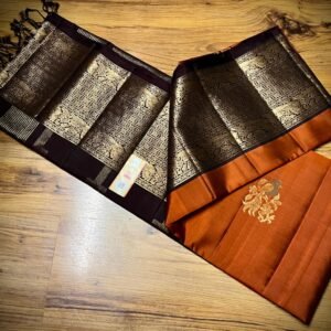 Burnt Orange Kanchipuram Silk Saree with Antique Gold Zari Border and Wine Pallu