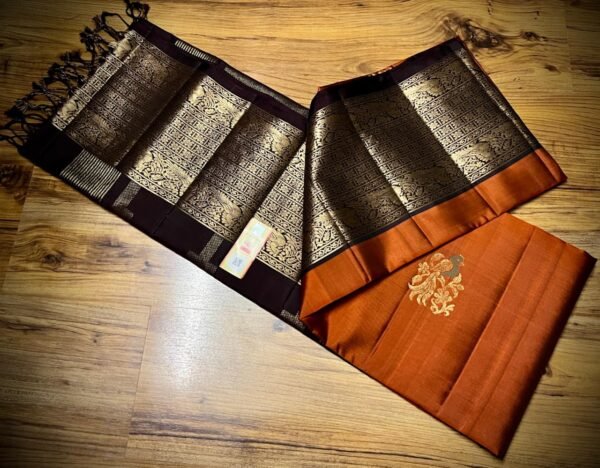 Burnt Orange Kanchipuram Silk Saree with Antique Gold Zari Border and Wine Pallu