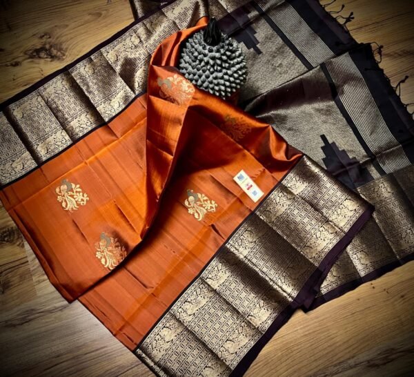 Burnt Orange Kanchipuram Silk Saree with Antique Gold Zari Border and Wine Pallu