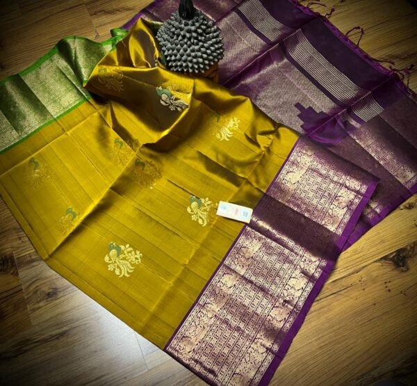 Golden Mustard Kanchipuram Silk Saree with Royal Purple Zari Border