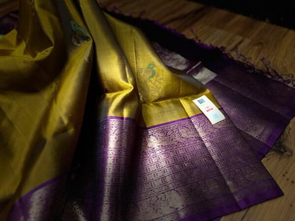 Golden Mustard Kanchipuram Silk Saree with Royal Purple Zari Border