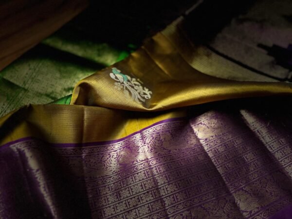 Golden Mustard Kanchipuram Silk Saree with Royal Purple Zari Border