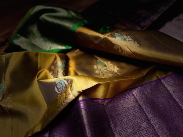Golden Mustard Kanchipuram Silk Saree with Royal Purple Zari Border