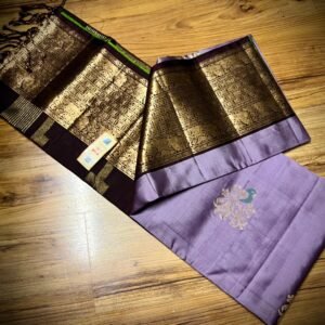 Lavender Grey Kanchipuram Silk Saree with Antique Gold Zari Border and Wine Pallu