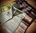 Silver Grey Kanchipuram Silk Saree with Bottle Green Zari Border and Wine Pallu
