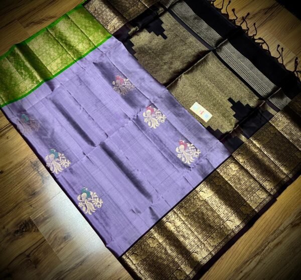 Lavender Grey Kanchipuram Silk Saree with Antique Gold Zari Border and Wine Pallu