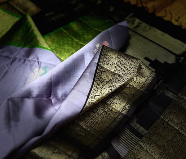 Lavender Grey Kanchipuram Silk Saree with Antique Gold Zari Border and Wine Pallu