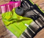 Emerald Green Kanchipuram Silk Saree with Pink and Black Zari Border