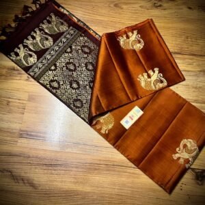 Burnt Orange Kanchipuram Silk Saree with Gold Zari Meena Elephant Butta and Black Temple Border Pallu