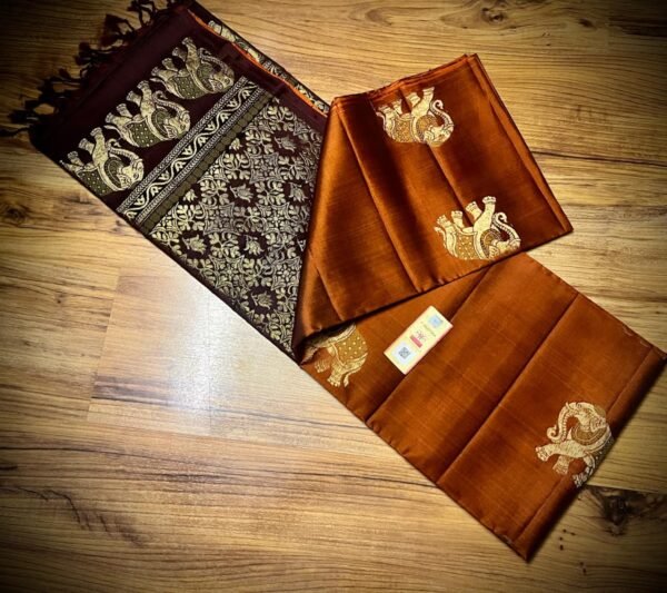 Burnt Orange Kanchipuram Silk Saree with Gold Zari Meena Elephant Butta and Black Temple Border Pallu