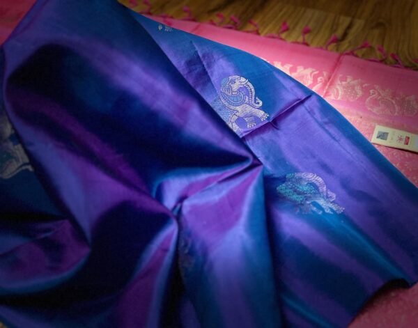 Royal Blue Kanchipuram Silk Saree with Gold Zari Meena Elephant Butta and Rose Pink Pallu