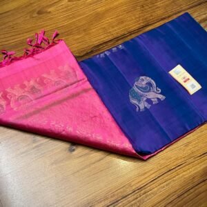 Royal Blue Kanchipuram Silk Saree with Gold Zari Meena Elephant Butta and Rose Pink Pallu