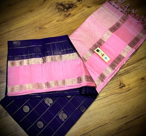 Royal Purple Kanchipuram Silk Saree with Gold Zari Butta and Soft Pink Contrast Pallu
