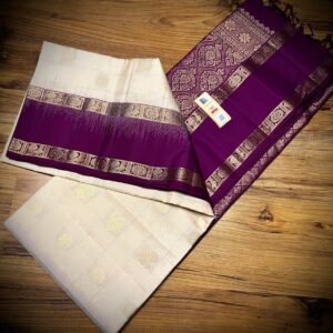Ivory White Kanchipuram Silk Saree with Gold Zari Buttas and Royal Purple Contrast Pallu