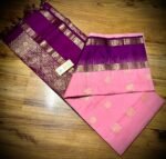 Blush Pink Kanchipuram Silk Saree with Gold Zari Buttas and Royal Purple Contrast Pallu