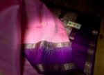 Blush Pink Kanchipuram Silk Saree with Gold Zari Buttas and Royal Purple Contrast Pallu