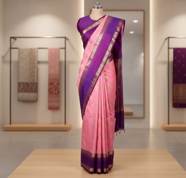 Blush Pink Kanchipuram Silk Saree with Gold Zari Buttas and Royal Purple Contrast Pallu