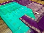 Sea Green Kanchipuram Silk Saree with Gold Zari Buttas and Royal Purple Contrast Pallu