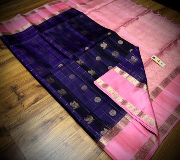 Royal Purple Kanchipuram Silk Saree with Gold Zari Butta and Soft Pink Contrast Pallu