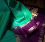 Sea Green Kanchipuram Silk Saree with Gold Zari Buttas and Royal Purple Contrast Pallu