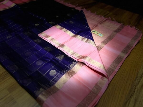 Royal Purple Kanchipuram Silk Saree with Gold Zari Butta and Soft Pink Contrast Pallu