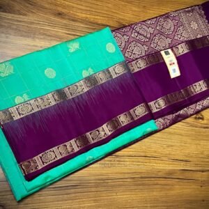 Sea Green Kanchipuram Silk Saree with Gold Zari Buttas and Royal Purple Contrast Pallu