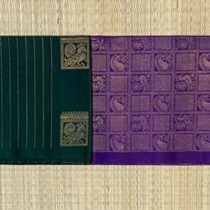 Classic Bottle Green & Purple Silk Saree with All-Over Gold Zari Motifs (Without Border)