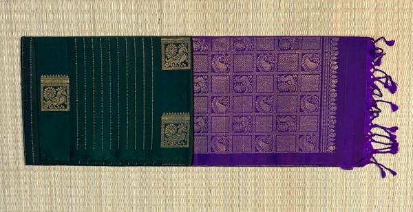 Classic Bottle Green & Purple Silk Saree with All-Over Gold Zari Motifs (Without Border)