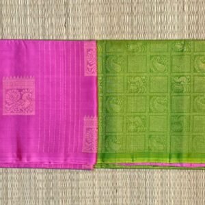 Vibrant Pink & Parrot Green Silk Saree with Subtle Gold Zari Weave
