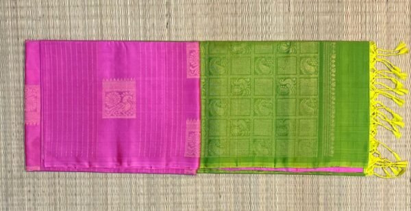 Vibrant Pink & Parrot Green Silk Saree with Subtle Gold Zari Weave
