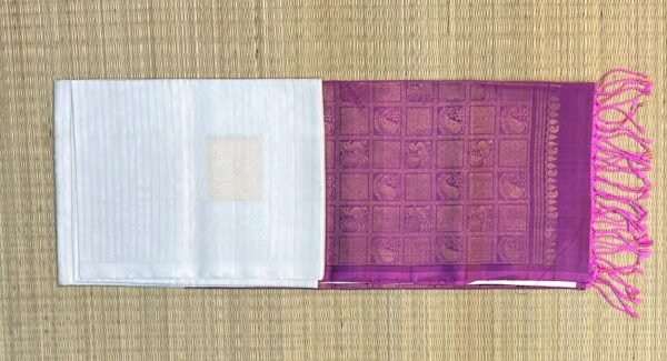Pure White Silk Saree with Gold Zari Motifs and Magenta Contrast Pallu