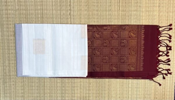 Elegant White Silk Saree with Maroon Gold Zari Pallu