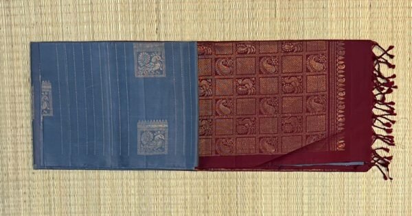 Steel Grey Silk Saree with Maroon Gold Zari Pallu