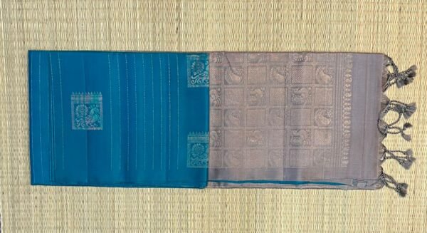 Elegant Teal Blue & Taupe Silk Saree with Subtle Gold Zari Weave