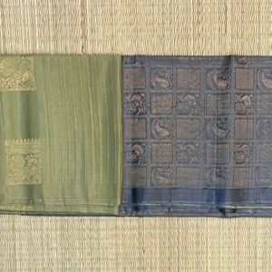 Sophisticated Olive Gold & Slate Grey Silk Saree with Subtle Gold Zari Weave