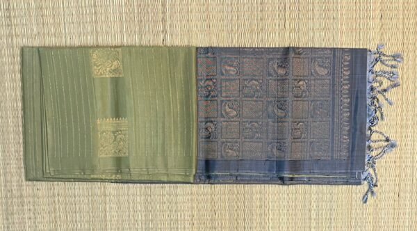 Sophisticated Olive Gold & Slate Grey Silk Saree with Subtle Gold Zari Weave