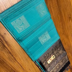 Teal Blue Silk Saree with Antique Gold Zari Motifs and Charcoal Pallu
