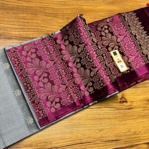 Silver Grey Turning Border Silk Saree with Magenta Contrast Pallu and Gold Zari Weaving