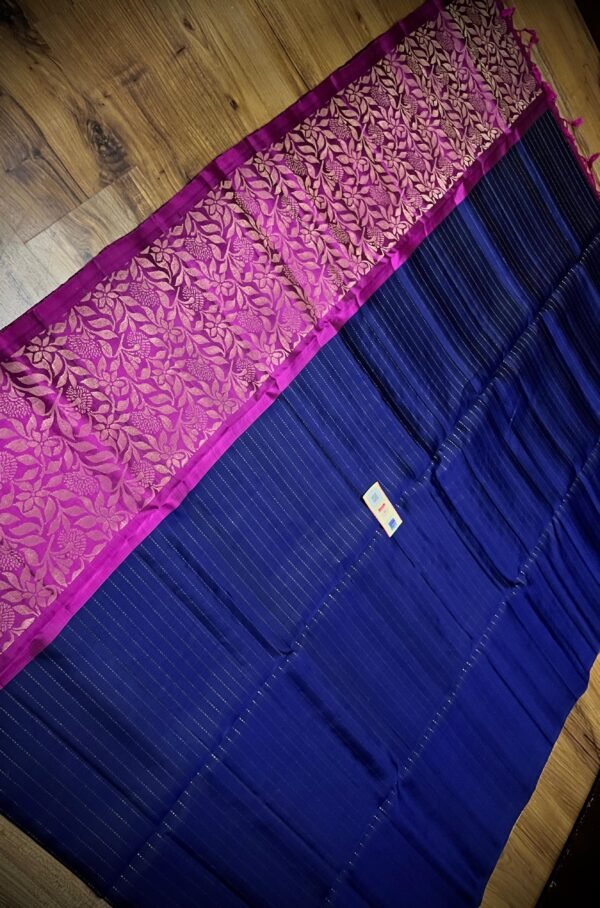 Royal Navy Blue Gold Zari Turning Saree with Magenta Contrast Border