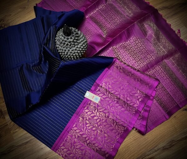 Royal Navy Blue Gold Zari Turning Saree with Magenta Contrast Border