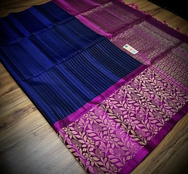 Royal Navy Blue Gold Zari Turning Saree with Magenta Contrast Border