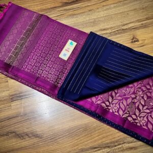 Royal Navy Blue Gold Zari Turning Saree with Magenta Contrast Border