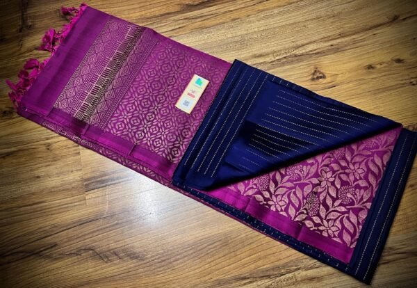 Royal Navy Blue Gold Zari Turning Saree with Magenta Contrast Border