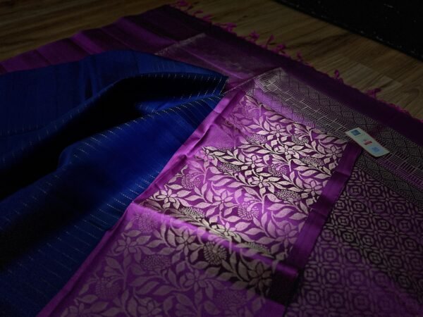 Royal Navy Blue Gold Zari Turning Saree with Magenta Contrast Border