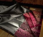Silver Grey Turning Border Silk Saree with Magenta Contrast Pallu and Gold Zari Weaving