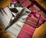 Silver Grey Turning Border Silk Saree with Magenta Contrast Pallu and Gold Zari Weaving