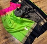 Parrot Green Silk Saree with Black & Gold Zari Pallu and Contrast Pink Border