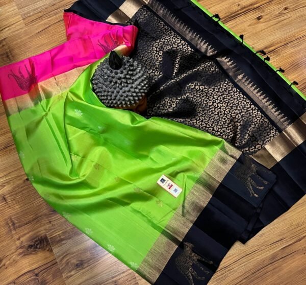 Parrot Green Silk Saree with Black & Gold Zari Pallu and Contrast Pink Border